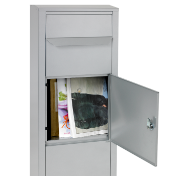 Preview: Paketbriefkasten Mefa Rowan 471 in Weißaluminium RAL 9006 Entnahme von vorne